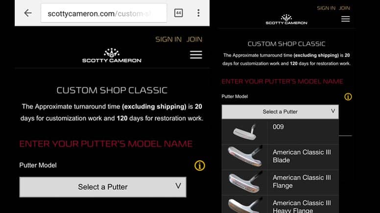 Mobile Experience, Mobile friendly putter search. Easy to navigate putter icons to easily find your exact putter!